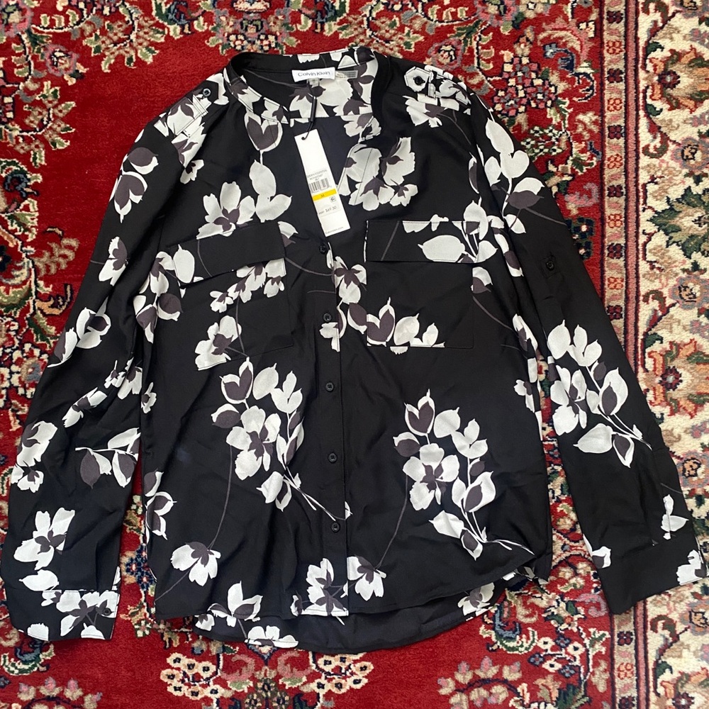 Calvin Klein Black and White Floral Blouse. Size Medium.